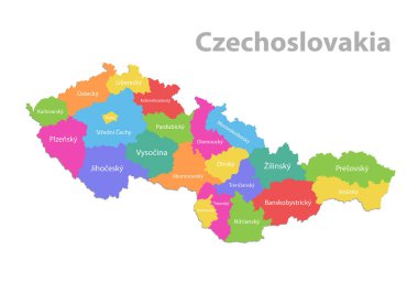 Çekoslovakya haritası, isimlerle idari bölüm, beyaz arkaplan vektörü üzerinde izole edilmiş renk haritası