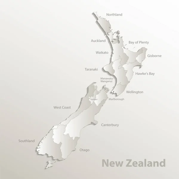 Yeni Zelanda Haritası Idari Bölme Bölgeleri Isimleri Ayırır Kart Kağıdı — Stok Vektör
