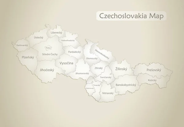 Mapa Československa Administrativní Oddělení Jmény Starý Papírový Podkladový Vektor — Stockový vektor