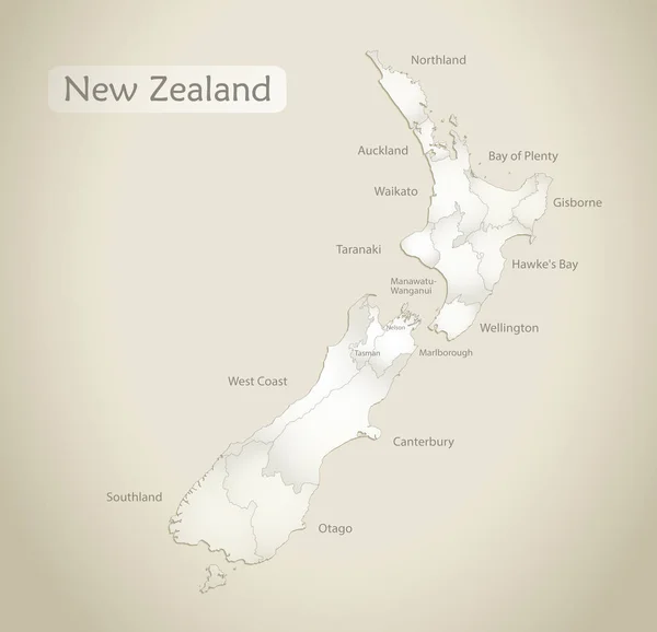 Yeni Zelanda Haritası Isimlerle Idari Bölüm Eski Kağıt Arkaplan Vektörü — Stok Vektör