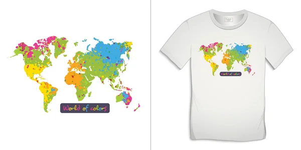 Print Shirt Grafisch Ontwerp Motief Afbeelding Met Wereldkaart Zoals Spetters — Stockvector