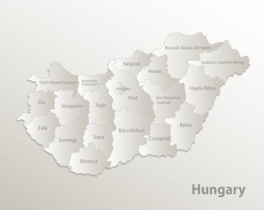 Macaristan haritası idari bölünmesi, bölgeleri ayırır ve bireysel bölgeyi isimlendirir, kart kağıdı 3D doğal vektör