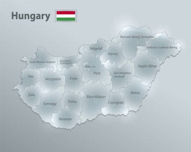 Macaristan harita ve bayrağı, idari bölünme, bölgeleri ayırır ve bireysel bölgeyi isimlendirir, cam kart 3d vektörü dizayn eder