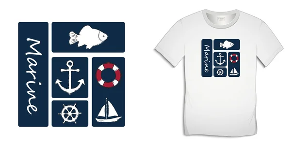 Impresión Diseño Gráficos Camiseta Iconos Náuticos Colecciones Ancla Carpa Pescado — Archivo Imágenes Vectoriales