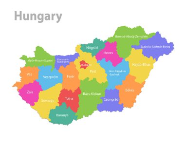 Macaristan haritası, idari bölünme, devlet isimleriyle ayrı devletler, beyaz arkaplan vektörü üzerinde izole edilmiş renk haritası