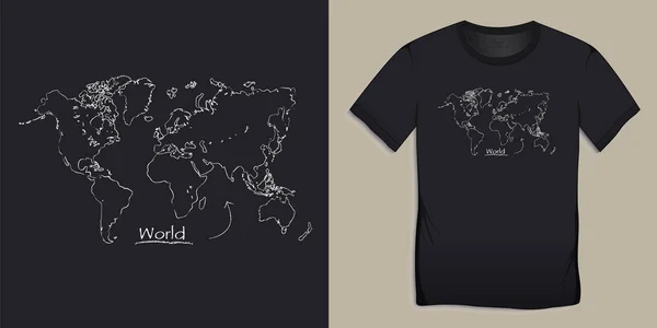 Drukuj Shirt Projekt Graficzny Mapa Świata Kredowy Czarna Koszula Jak — Wektor stockowy