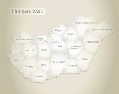 Macaristan haritası, isimlerle idari bölünme, eski kağıt arkaplan vektörü