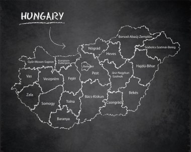 Macaristan haritası idari bölünmesi, bölgeleri ayırır ve bireysel bölgeyi isimlendirir, tasarım kartı karatahta vektörü