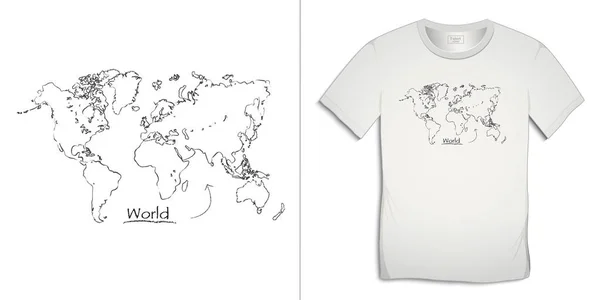 Stampa Shirt Grafica Mappa Del Mondo Gessoso Nero Isolato Sfondo — Vettoriale Stock