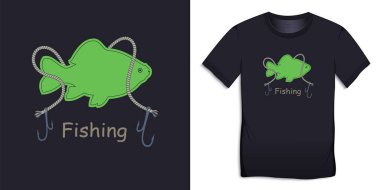 Tişört grafik tasarımı, motivasyon resmi, halat ve kancalı balık sazan, arka plan vektörü izole