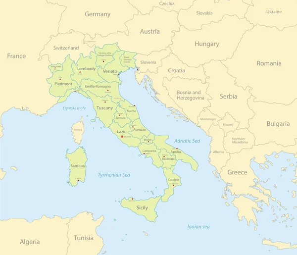 Italia Mappa Con Stati Limitrofi Divisione Amministrativa Nomi Con Città — Vettoriale Stock