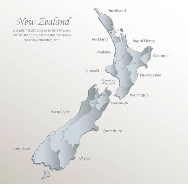Yeni Zelanda Haritası Isimlerle Idari Bölüm Beyaz Mavi Kart Vektörü — Stok Vektör