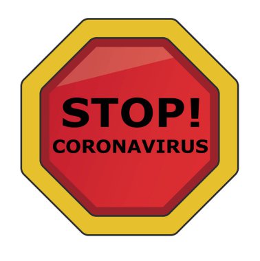 Dur işareti koronavirüs, dikkat simgesi vektörü, beyaz arkaplanda izole