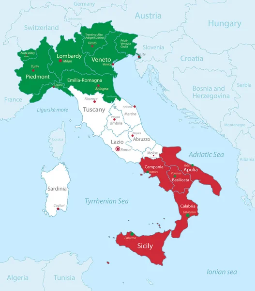 Italia Mapa Colores Bandera Con Los Estados Vecinos División Administrativa — Archivo Imágenes Vectoriales