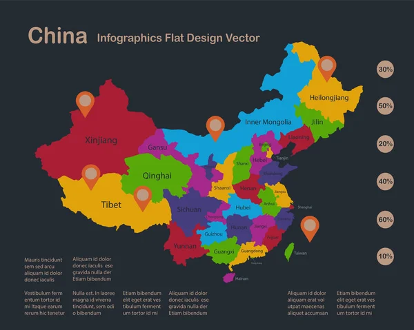 Infographics China Map Flat Design Colors Names Individual Regions Blue — Stock Vector