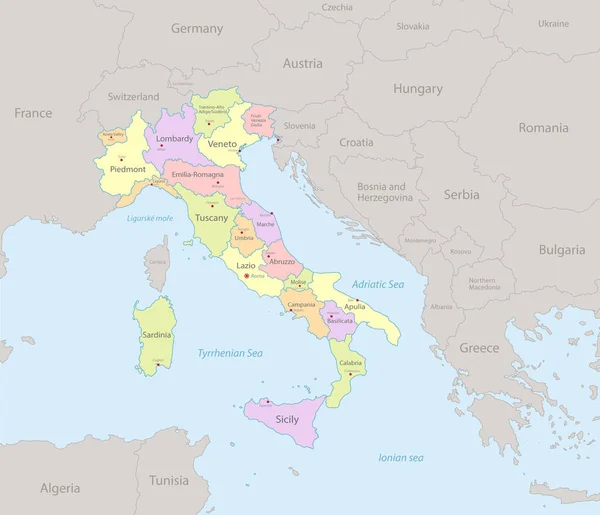 Italia Mapa Con Estados Vecinos División Administrativa Nombres Con Ciudades — Archivo Imágenes Vectoriales