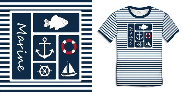 Print Shirt Graphics Design Zeemansstrepen Nautische Iconen Collecties Anker Viskarper — Stockvector