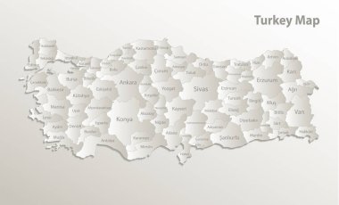 Türkiye haritası, idari bölünme, bölgeleri ve isimleri ayırır, kart kağıdı 3D doğal vektör