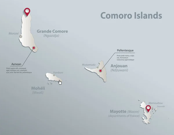 Komoren Karte Und Namen Stadt Blau Weiße Karte Papier Vektor — Stockvektor