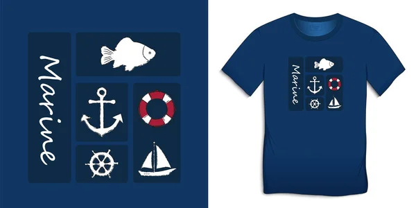 Impressão Design Gráfico Shirt Coleção Ícones Náuticos Azuis Âncora Carpa —  Vetores de Stock
