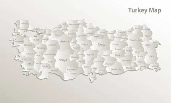 Mapa Turcji Podział Administracyjny Oddziela Regiony Nazwy Papier Karciany Wektor — Wektor stockowy