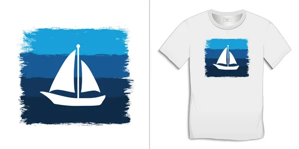 Tシャツのグラフィックデザインを印刷 青とセーリングボートをペイント 白い背景ベクトルに分離 — ストックベクタ