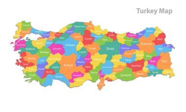 Türkiye haritası, idari bölünme, isimleri olan ayrı bölgeler, beyaz arkaplan vektörü üzerinde izole edilmiş renk haritası