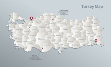 Türkiye haritası, isimlerle idari bölüm, mavi beyaz kart 3d vektörü