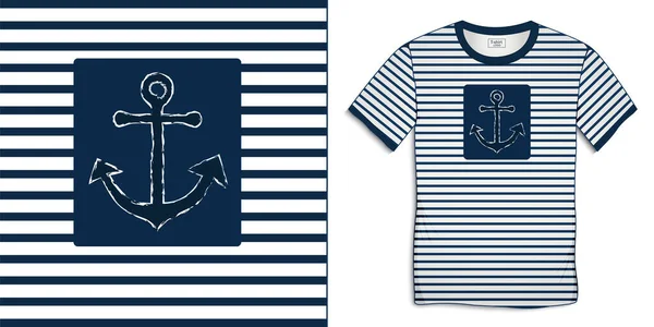 Tシャツのグラフィックデザイン アンカーアイコンのチャーキー 船員ストライプの背景ベクトルを印刷 — ストックベクタ