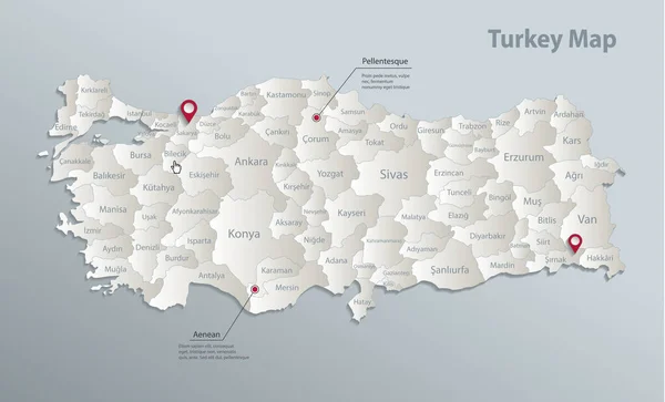 土耳其地图 有名称的行政区划 蓝色白卡纸3D矢量 — 图库矢量图片