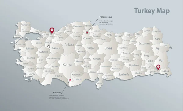 Turquia Mapa Divisão Administrativa Com Nomes Papel Cartão Branco Azul — Vetor de Stock