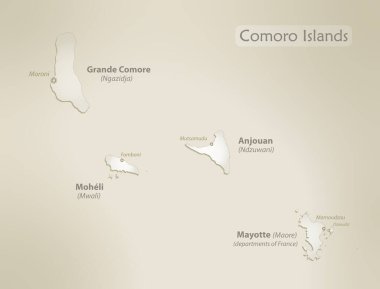 Comoro Adaları haritası, eski kağıt arkaplan vektörü