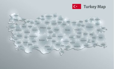 Türkiye haritası ve bayrağı, idari bölüm, bölgeleri ve isimleri ayırır, cam kart 3d vektörü dizayn eder