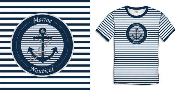 Impressão Design Gráfico Shirt Listras Marinhas Logotipo Marinheiro Com Âncora —  Vetores de Stock