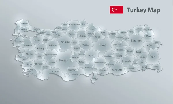 土耳其地图和国旗 行政区划 区分区域和名称 设计玻璃卡3D矢量 — 图库矢量图片