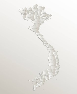 Vietnam haritası, idari bölüm, bölgeleri ve isimleri ayırır, kart kağıdı 3D doğal vektör