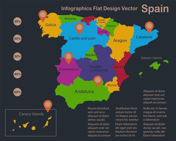 Infographics Spain map, flat design colors, with names of individual regions, blue background with orange points vector