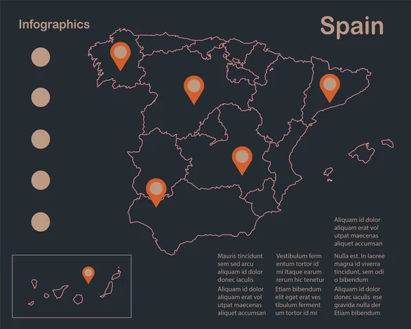 Infográficos Espanha Mapa Esboço Projeto Plano Cor Azul Vetor Laranja — Vetor de Stock