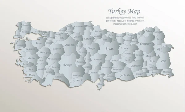 Turkey Map Administrative Division Names White Blue Card Paper Vector — Stock Vector