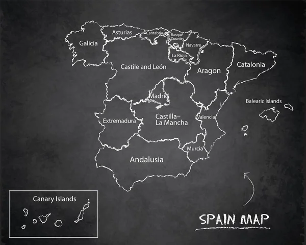 Espanha Mapa Divisão Administrativa Separa Regiões Nomes Cartão Design Blackboard — Vetor de Stock