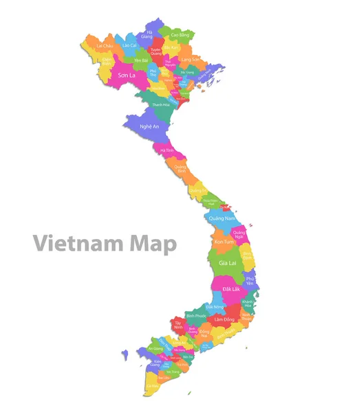 越南地图 有区域名称的行政区划 用白色背景向量分隔的彩色地图 — 图库矢量图片