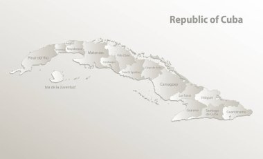Küba haritası idari bölümü, bölgeleri ve isimleri ayırır, kart kağıdı 3D doğal vektör