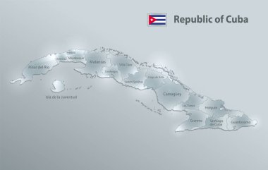 Küba haritası ve bayrağı, idari bölüm bölgeleri ve isimleri ayırır, tasarım cam kart 3D vektörü