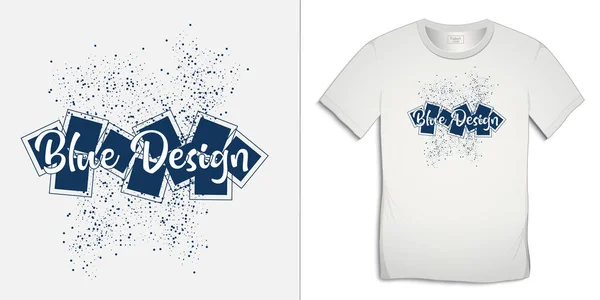 Print Shirt Graphics Design Blauw Gespetterde Spray Cirkels Vierkanten Witte — Stockvector