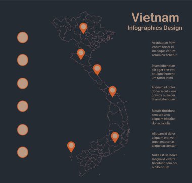 Bilgi grafikleri Vietnam haritası ana hatları, düz tasarım, mavi turuncu vektör