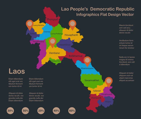 Infographics Λάος Χάρτης Επίπεδα Χρώματα Σχεδιασμού Ονόματα Των Επιμέρους Κρατών — Διανυσματικό Αρχείο