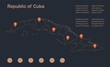 Bilgi grafikleri Küba haritası taslağı, düz tasarım, mavi turuncu vektör