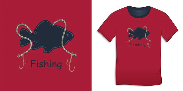 Druck Auf Shirt Grafik Design Fischkarpfen Mit Seil Und Haken — Stockvektor