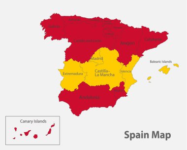 İspanya haritası bayrak renklerinde idari bölümler vektörü ile