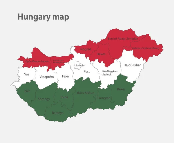 Mapa Węgier Kolorach Flagi Wektorem Podziału Administracyjnego — Wektor stockowy